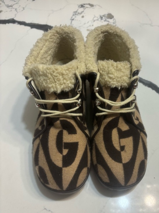 Gucci Shoes - Gucci Beige and Brown GG Logo Shearling-Trim Boots